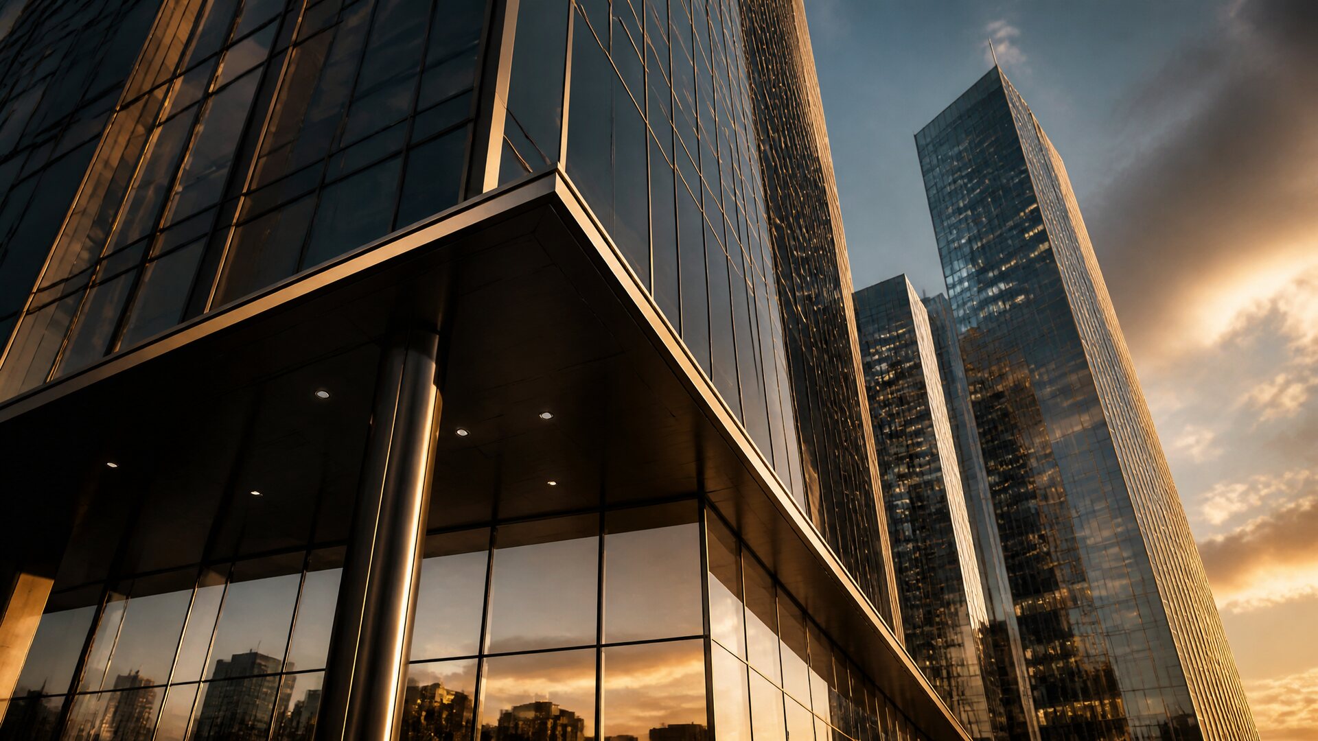 Distrito financeiro corporativo ao entardecer